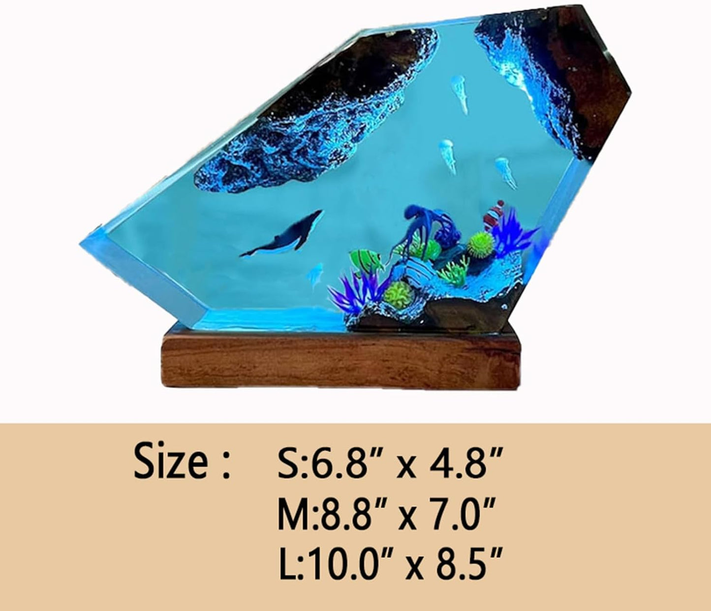 Ocean Creative Epoxy Resin Wood Light Lamp, Handmade Multi Color Aquatic Ocean Lamp Deep Sea Diver Cave Diving Enthusiasts Led Night Light Desktop Decor Christmas Birthday Gift (Jellyfish, S)