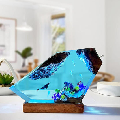 Ocean Creative Epoxy Resin Wood Light Lamp, Handmade Multi Color Aquatic Ocean Lamp Deep Sea Diver Cave Diving Enthusiasts Led Night Light Desktop Decor Christmas Birthday Gift (Jellyfish, S)